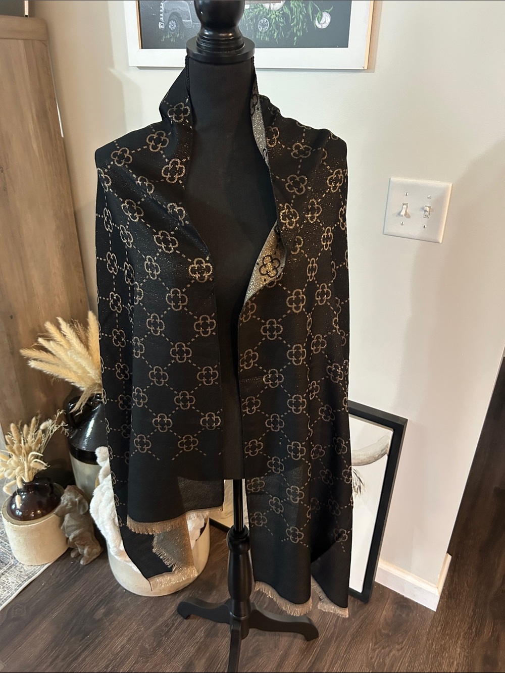 Black and Gold Patterned Decorative Shawl - Home Accent